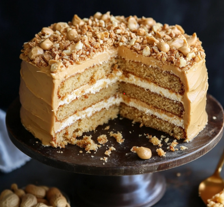 A moist peanut butter cake topped with a peanut butter glaze, served with a fork and a glass of milk.