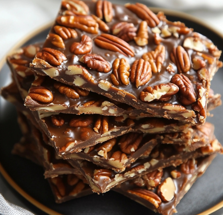 Homemade pecan pie bark with layers of buttery toffee, chocolate, and crunchy pecans, served on a black plate.