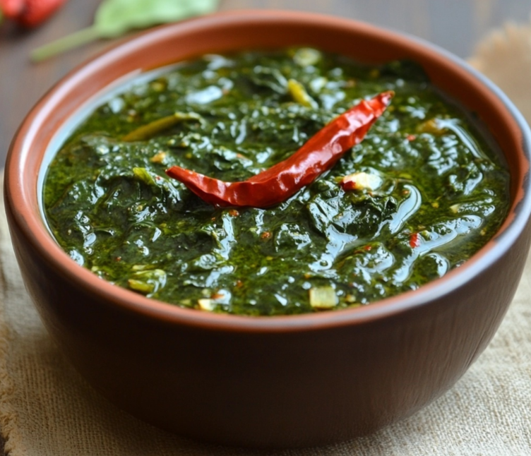 Cooked poonakani keerai dish in a stainless steel bowl, garnished with red chilies and served with rice.