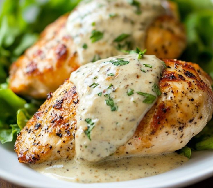 Baked ranch chicken breasts served with roasted vegetables on a white plate.