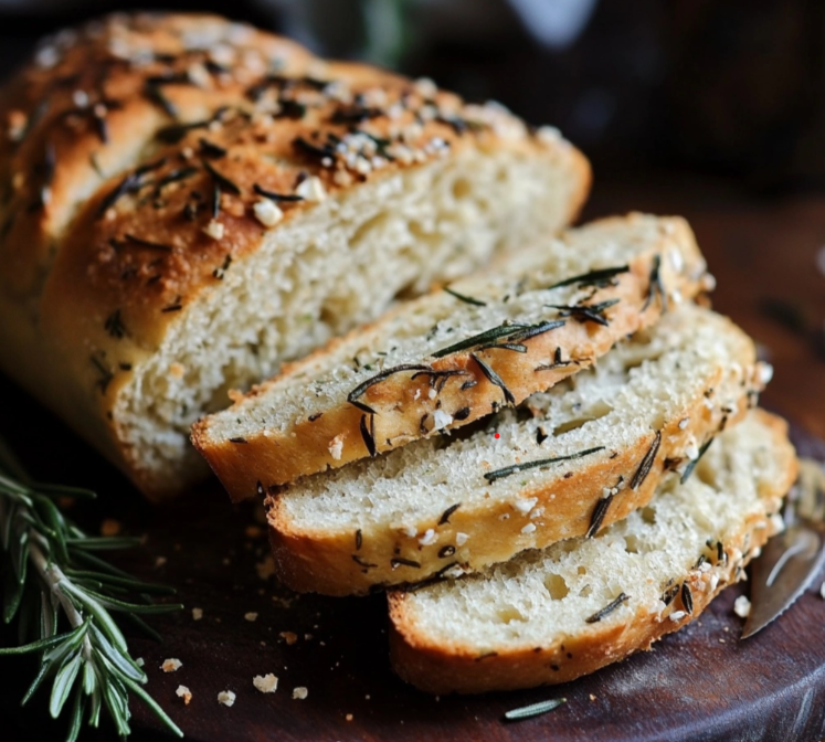 A freshly baked loaf of rosemary bread, sprinkled with coarse sea salt, served on a wooden board.