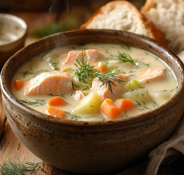 Bowl of creamy salmon soup garnished with fresh dill, parsley, and chunks of tender salmon, served with a slice of crusty bread.