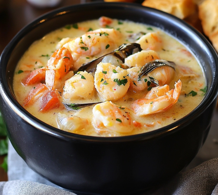 A bowl of creamy seafood chowder soup with shrimp, fish chunks, and fresh parsley, served with crusty bread.