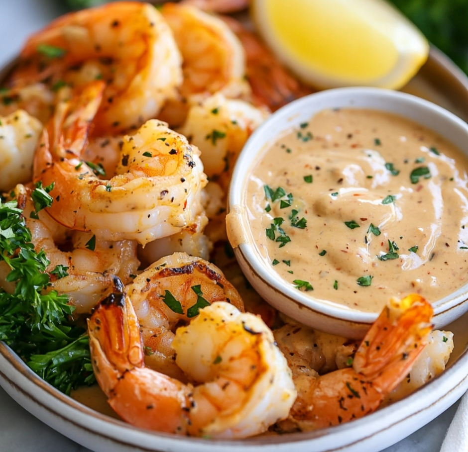 Creamy shrimp sauce in a bowl with grilled shrimp on the side.