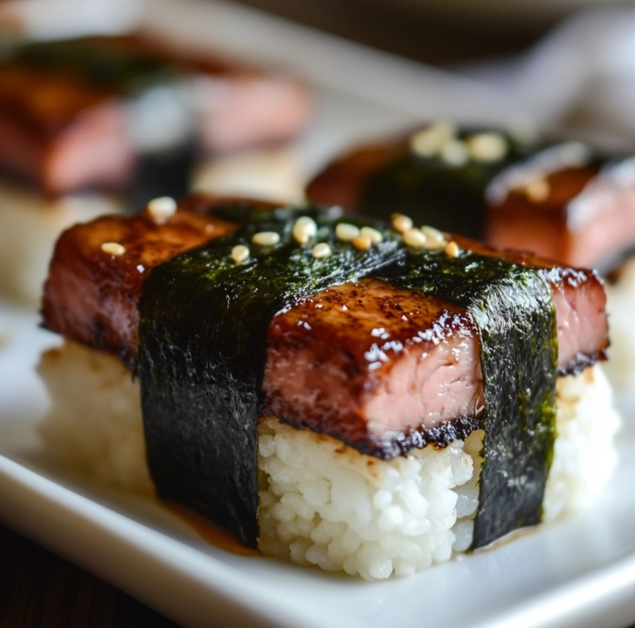 Spam musubi stacked neatly on a plate, wrapped in crispy nori.