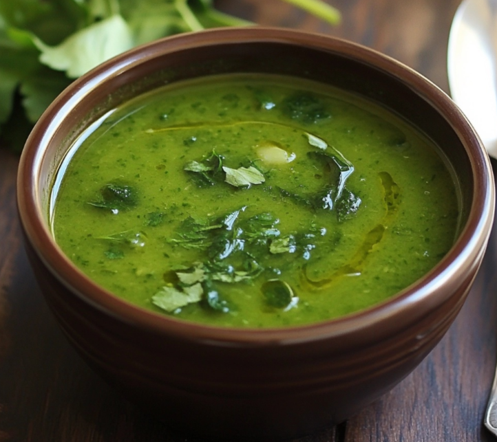 A bowl of creamy spinach soup garnished with Parmesan cheese and croutons, served with crusty bread on the side.