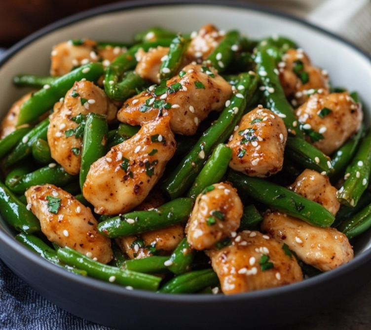 String bean chicken stir-fry served with rice and garnished with sesame seeds and green onions.