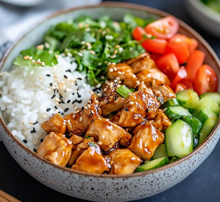 Teriyaki chicken bowl with rice, steamed broccoli, carrots, and sesame seeds.