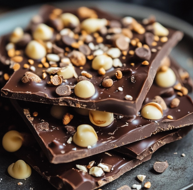 A plate of chocolate bark topped with dried fruits, nuts, and seeds.