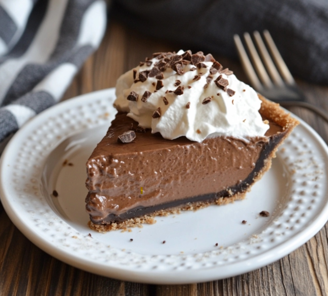 A creamy chocolate pudding pie with whipped cream and chocolate shavings on top.