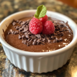 A serving of creamy chocolate custard topped with whipped cream and chocolate shavings.