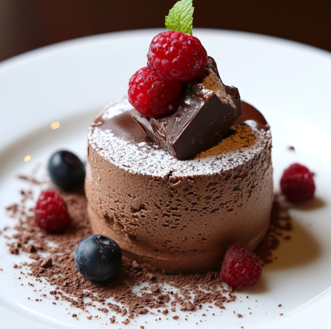 A serving of chocolate mousse topped with whipped cream and chocolate shavings in a glass dish.