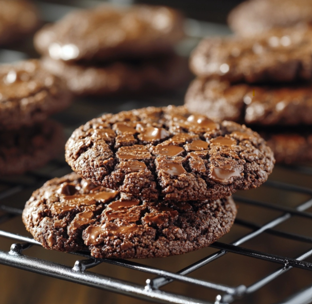 A stack of gluten-free chocolate cookies on a plate, garnished with chocolate chips.