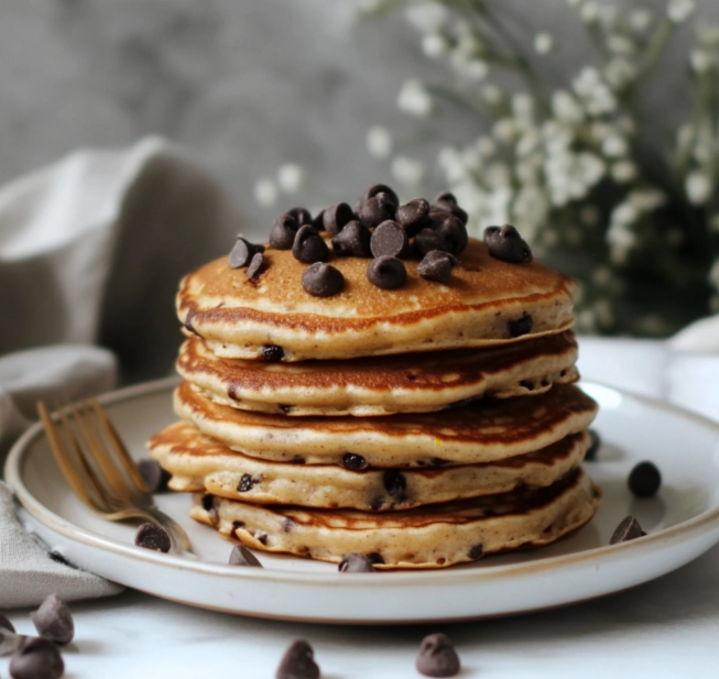 A stack of chocolate chip pancakes topped with butter and drizzled with syrup.