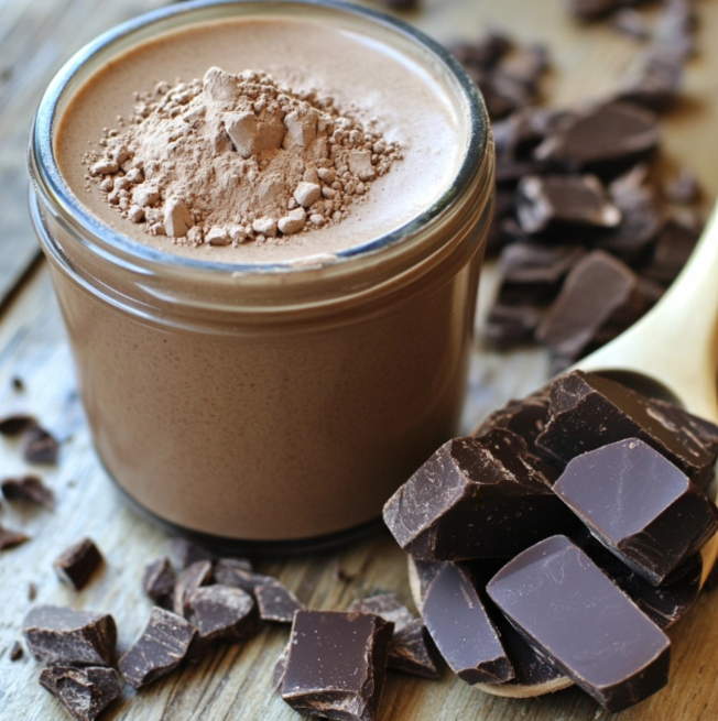 A collection of chocolate protein snacks, including smoothies, energy balls, and pancakes.