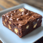 A stack of fudgy protein chocolate brownies on a white plate.