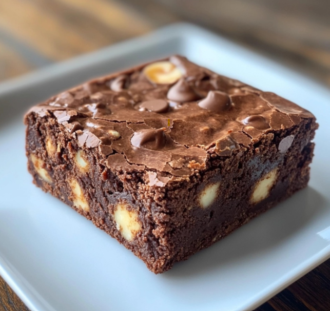 A stack of fudgy protein chocolate brownies on a white plate.